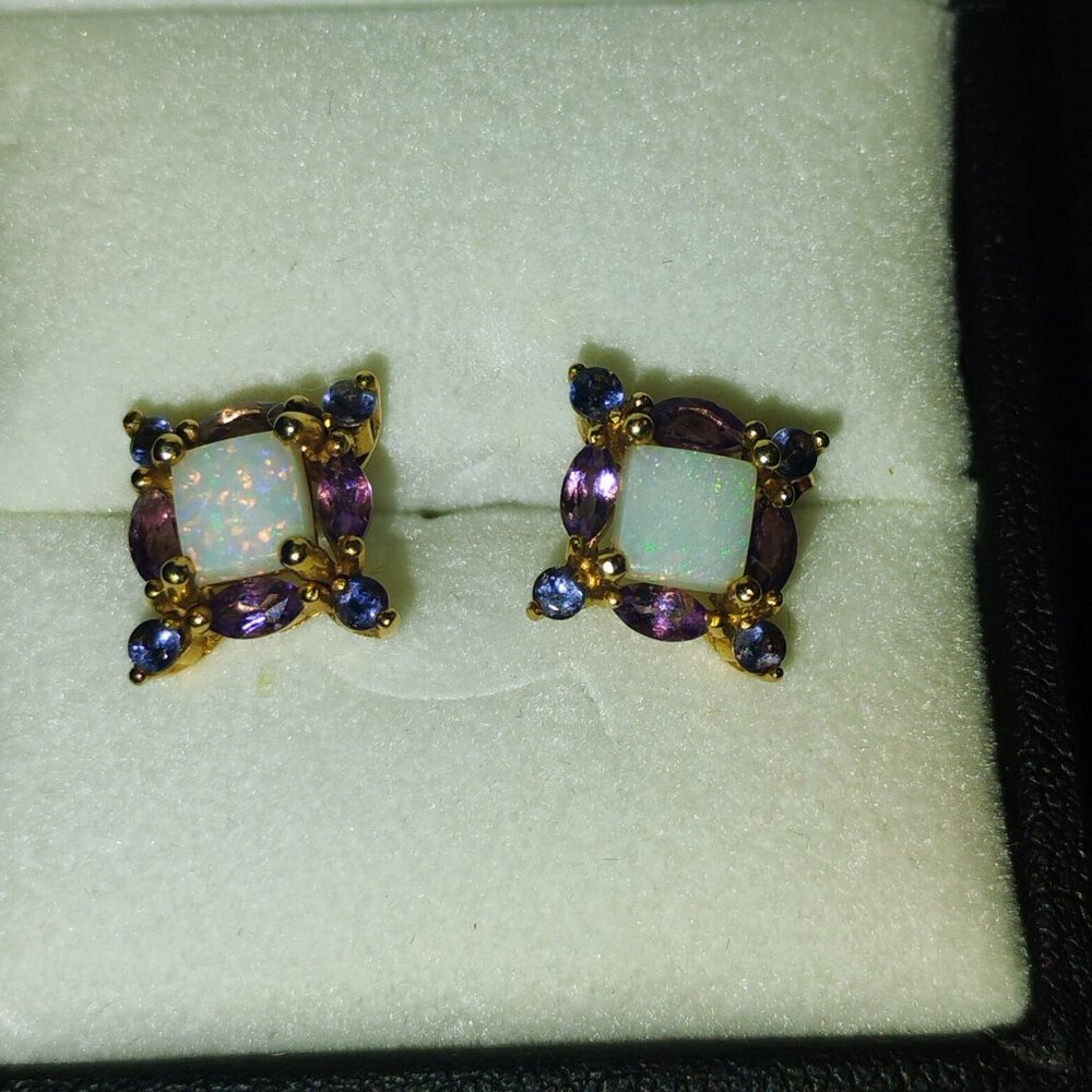 14k Solid Gold Opal And Multi Gem Stud Earrings - image 3